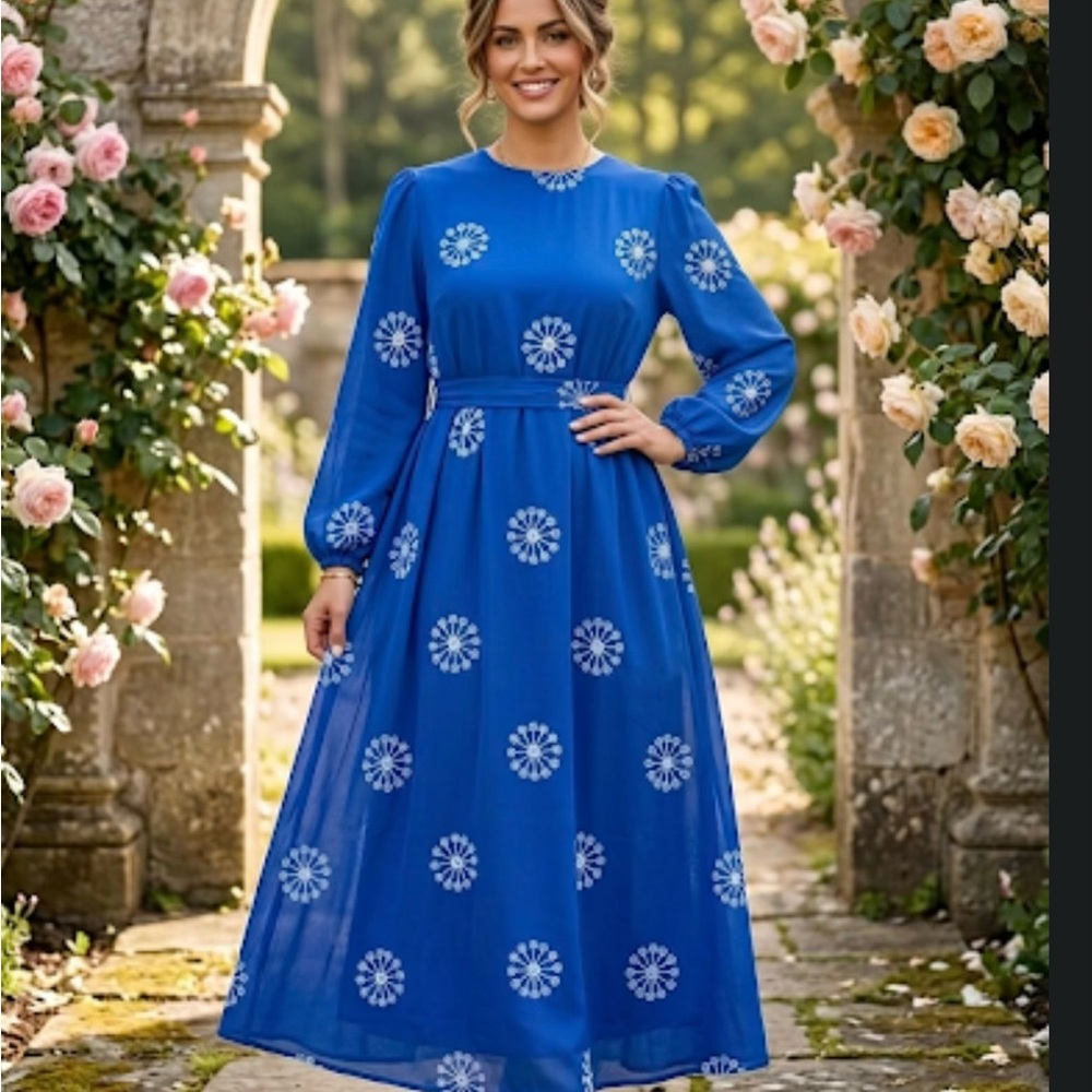 Elegant Blue Floral Maxi Dress with Long Sleeves
